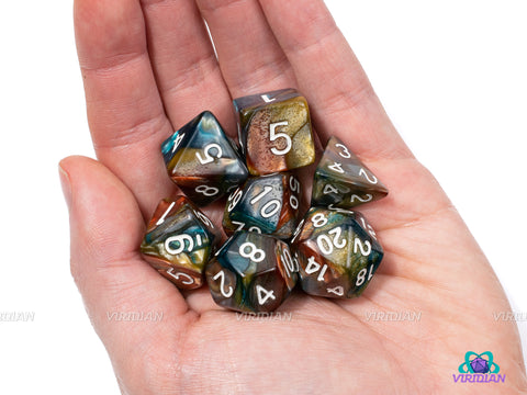 Sedimentary | Red, Yellow, Teal Marbled Acrylic Dice Set (7) | Dungeons and Dragons (DnD)