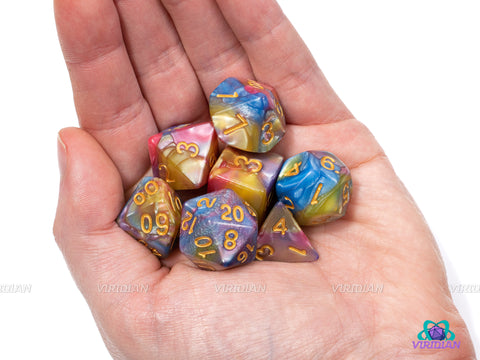 Pastel Primaries | Red, Yellow and Blue Marbled Acrylic Dice Set (7) | Dungeons and Dragons (DnD)