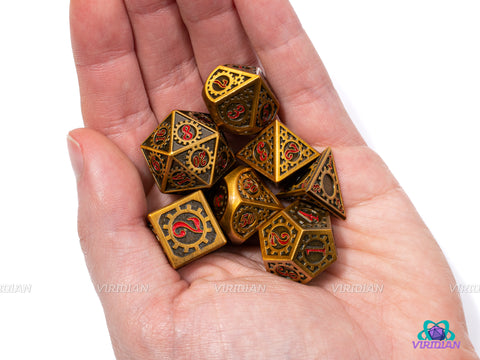Gnomengarde Grenade | Antique Gold Gear Design Metal Dice Set (7) | Dungeons and Dragons (DnD) | Tabletop RPG Gaming