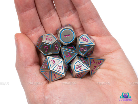 Ignition | Silver, Red Digital Numbered Metal Dice Set (7) | Dungeons and Dragons (DnD) | Tabletop RPG Gaming