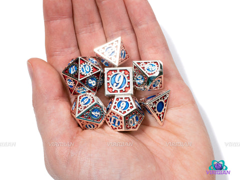 Super Gears | Red, Blue and Silver Metal Dice Set (7) | Dungeons and Dragons (DnD) | Tabletop RPG Gaming