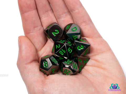 Orc Steel | Dark Gray and Green Metal Dice Set (7) | Dungeons and Dragons (DnD) | Tabletop RPG Gaming
