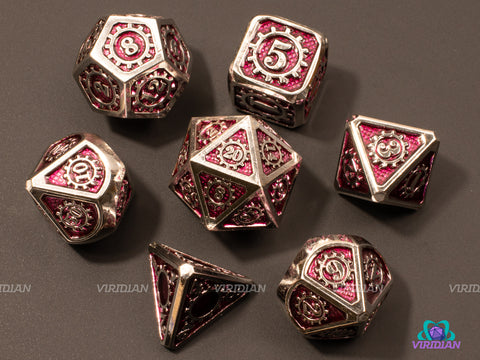 Purple Pinion | Silver and Purple Gear Design Metal Dice Set (7) | Dungeons and Dragons (DnD) | Tabletop RPG Gaming