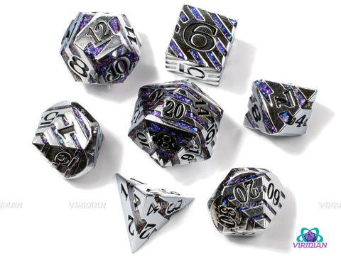 Purple Magenta Stripe | Shiny Silver, Striped Metal Mica Glitter | Metal Dice Set (7) | Dungeons and Dragons (DnD)