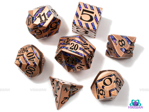 Purple Blue Stripe | Striped Copper Metal Mica Glitter | Metal Dice Set (7) | Dungeons and Dragons (DnD)