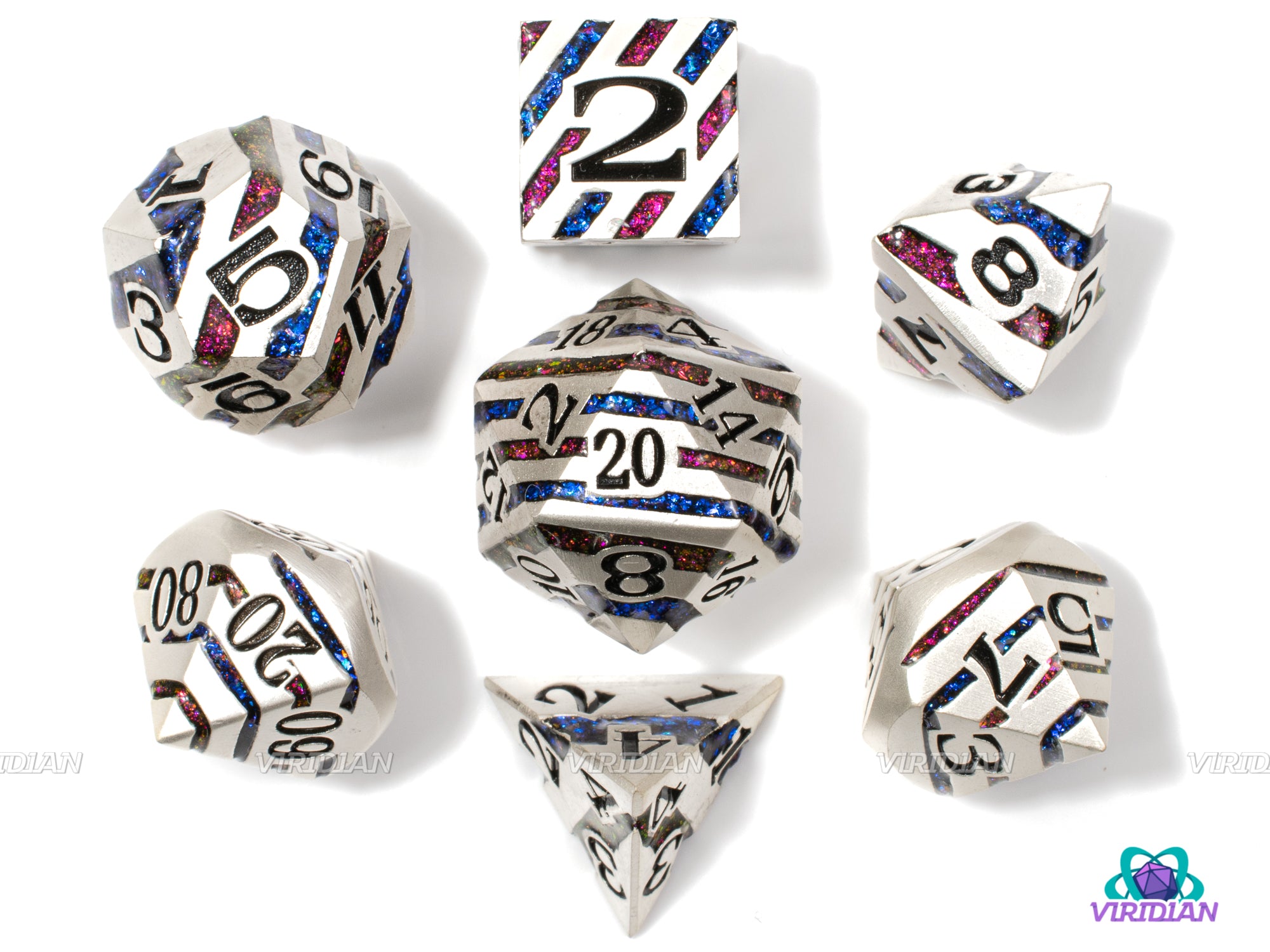 Red & Blue Stripe | Shiny Silver Metal Mica Glitter | Metal Dice Set (7) | Dungeons and Dragons (DnD)