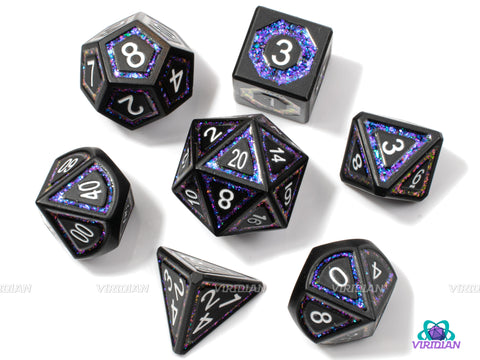 Vortex | Matte Black, Striped Purple and Blue Glitter | Metal Dice Set (7) | Dungeons and Dragons (DnD)
