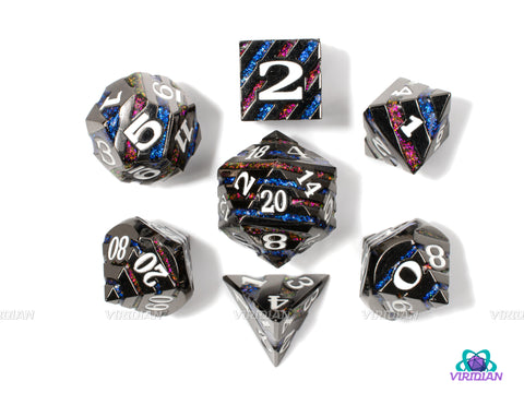 Fire & Water | Dark Silver Metal, Striped Red and Blue Mica Glitter | Metal Dice Set (7) | Dungeons and Dragons (DnD) | Tabletop RPG Gaming
