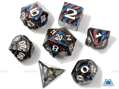 Fire & Water | Dark Silver Metal, Striped Red and Blue Mica Glitter | Metal Dice Set (7) | Dungeons and Dragons (DnD) | Tabletop RPG Gaming