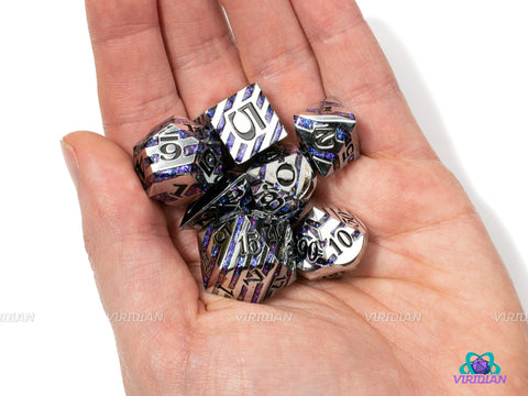 Purple Magenta Stripe | Shiny Silver, Striped Metal Mica Glitter | Metal Dice Set (7) | Dungeons and Dragons (DnD)