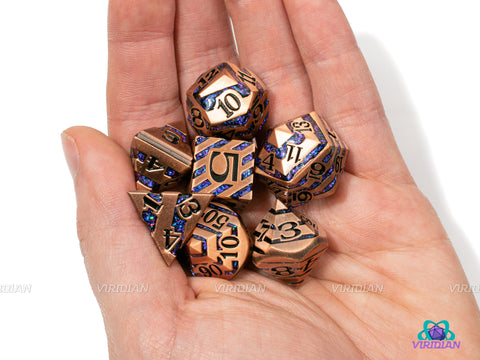 Purple Blue Stripe | Striped Copper Metal Mica Glitter | Metal Dice Set (7) | Dungeons and Dragons (DnD)