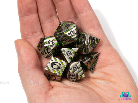 Druid Stripes | Silver Metal, Green, Striped Yellow-Green Mica Glitter | Metal Dice Set (7) | Dungeons and Dragons (DnD)