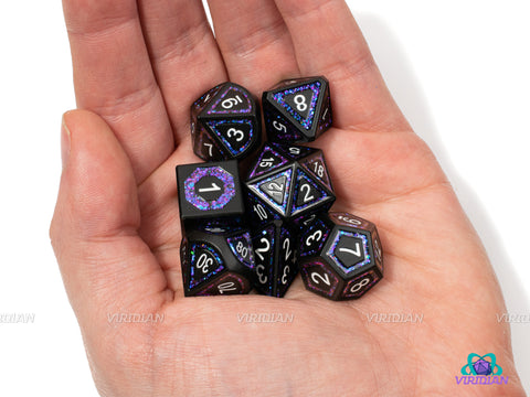 Vortex | Matte Black, Striped Purple and Blue Glitter | Metal Dice Set (7) | Dungeons and Dragons (DnD)