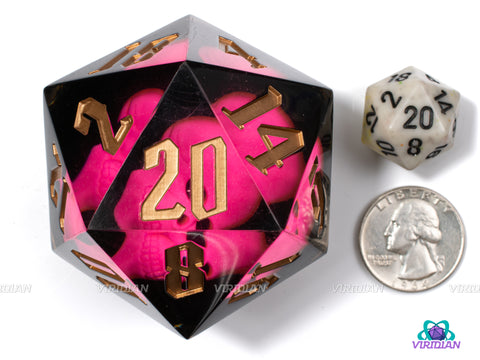 Pink Ghoul | 55mm Translucent Black Resin with Neon Pink Glow In The Dark Skull Inside | D20 Die (1)