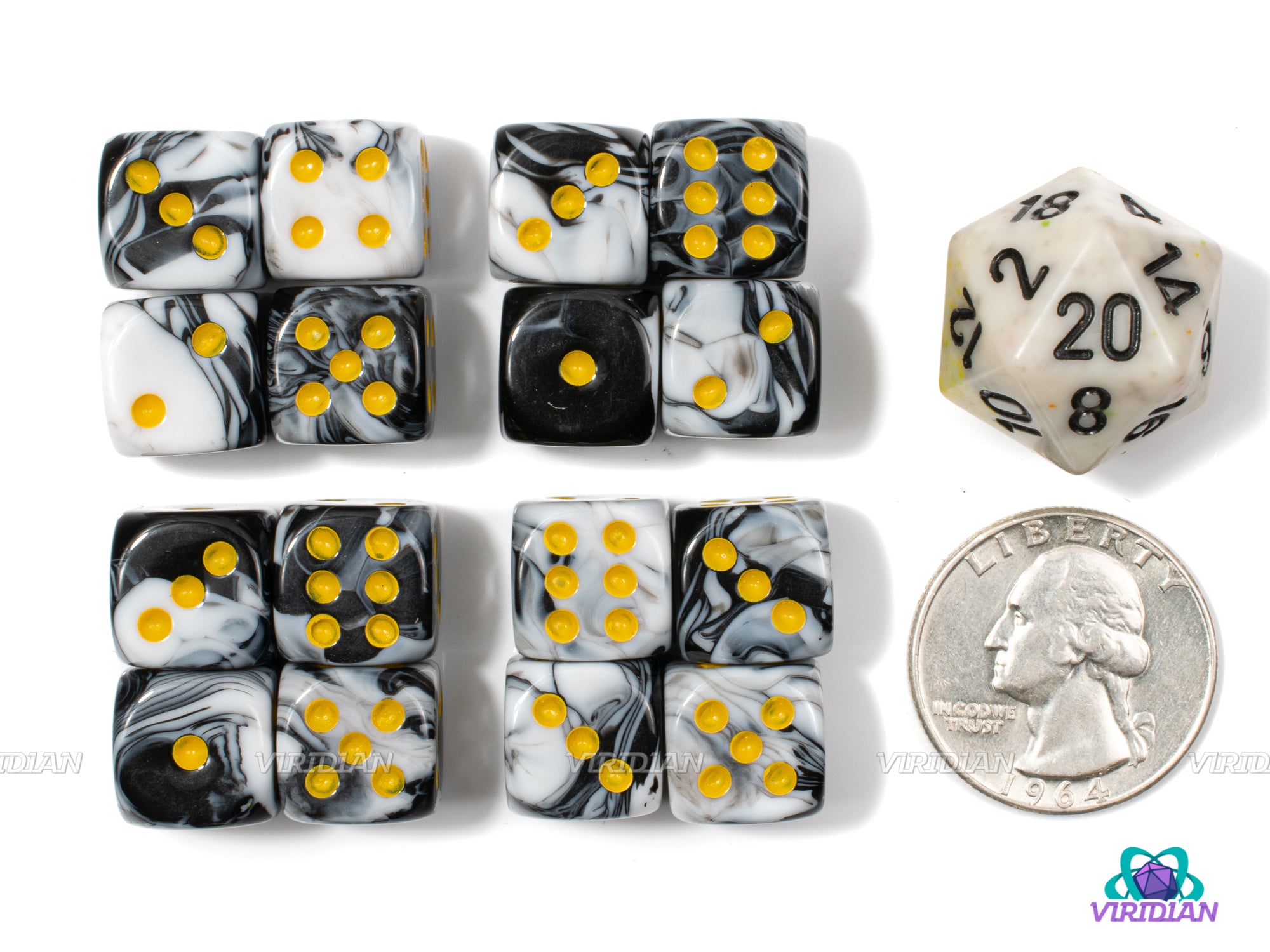 Half Moon (16) 12mm D6s | Black & White Swirled | Set of (16) Pipped D6s | Wargaming