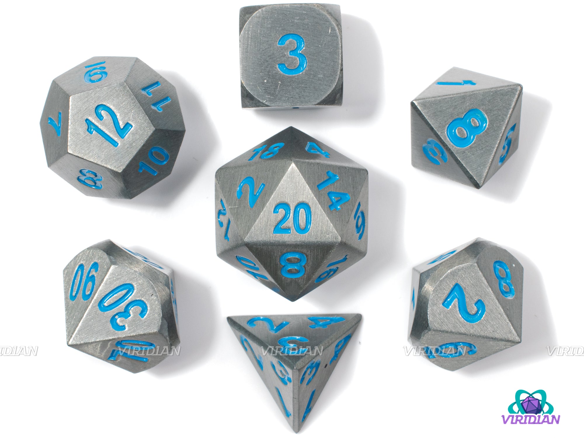 Nite Owls | Silver with Blue Text Metal Dice Set (7) | Dungeons and Dragons (DnD)