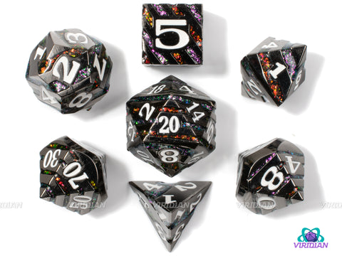 Rainbow Stripes | Black Metal Mica Glitter Dice Set (7) | Dungeons and Dragons (DnD) | Tabletop RPG Gaming