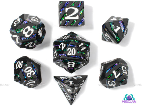 Eldritch Stripes | Black Metal, Green and Purple Mica Glitter Dice Set (7) | Dungeons and Dragons (DnD) | Tabletop RPG Gaming
