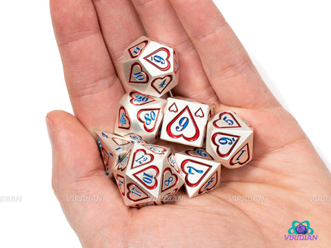 Hot & Cold | Red, Blue and Silver Heart Design Metal Dice Set (7) | Dungeons and Dragons (DnD) | Tabletop RPG Gaming