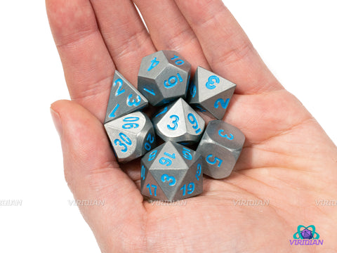 Nite Owls | Silver with Blue Text Metal Dice Set (7) | Dungeons and Dragons (DnD)