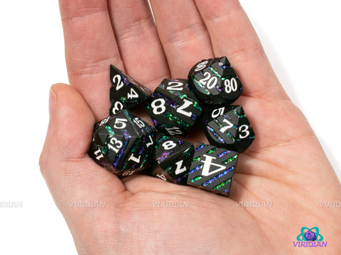 Eldritch Stripes | Black Metal, Green and Purple Mica Glitter Dice Set (7) | Dungeons and Dragons (DnD) | Tabletop RPG Gaming