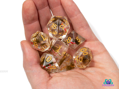 Red Koi | Fish & Moss Inside Clear Resin Dice Set (7) | Dungeons and Dragons (DnD)