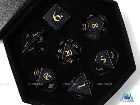 Blue Sandstone | Real Blue-Black Gemstone, Gold Ink, Glittery Specks | Dice Set (7) | Polyhedral Set for D&D