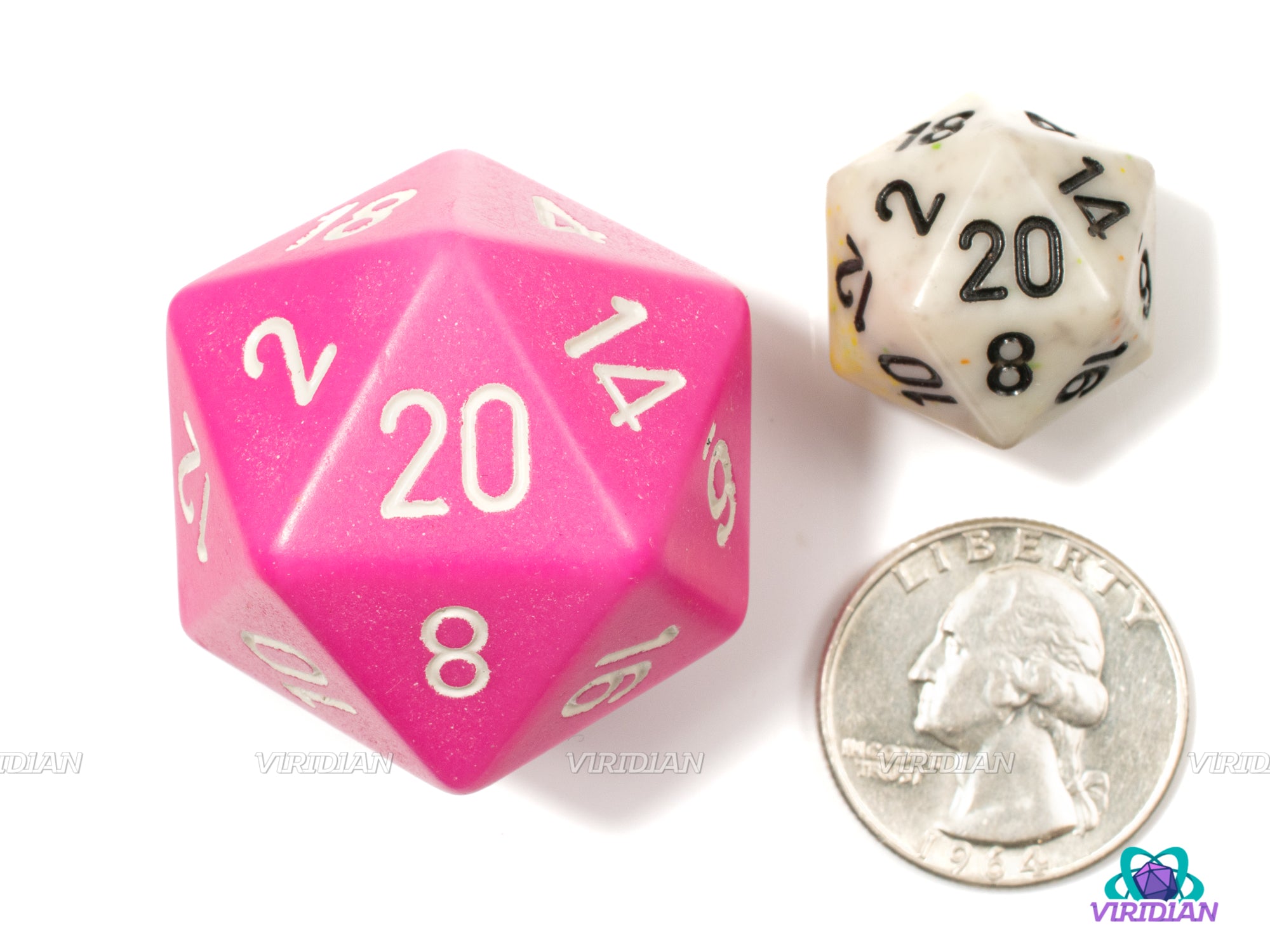 Opaque Pink & White | 34mm Large Acrylic D20 Die (1) | Chessex