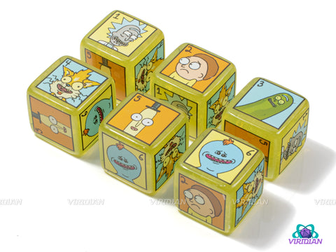 Rick and Morty D6s | (6) D6 Dice Set | Yellow-Green Rick & Morty Themed | Adult Swim