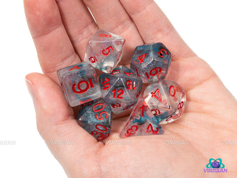 Battle Wounds | Blue, Black Swirled Glittery Clear Resin Dice, Unicorn Design | DnD Gaming