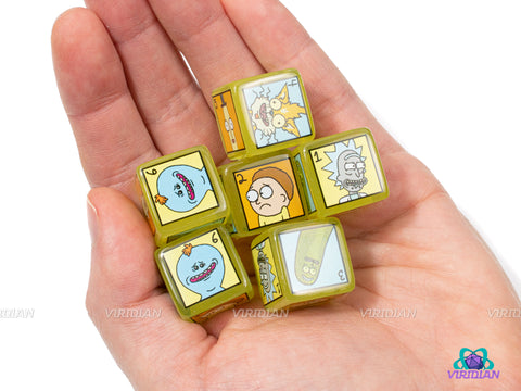 Rick and Morty D6s | (6) D6 Dice Set | Yellow-Green Rick & Morty Themed | Adult Swim