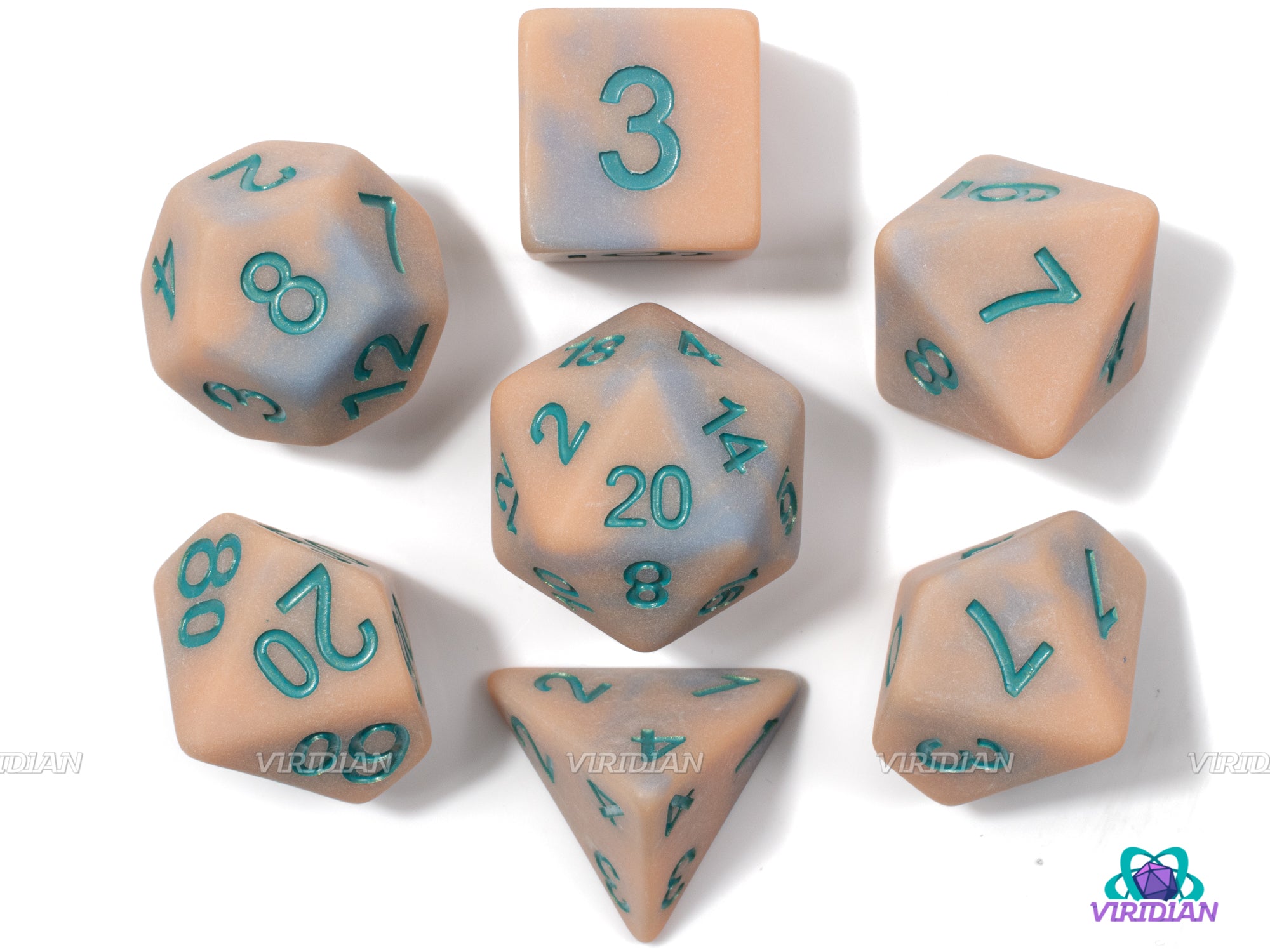 Buried Electrum | Matte Beachy-Pink, Light Blue and Teal Ink | Acrylic Dice Set (7) | DnD