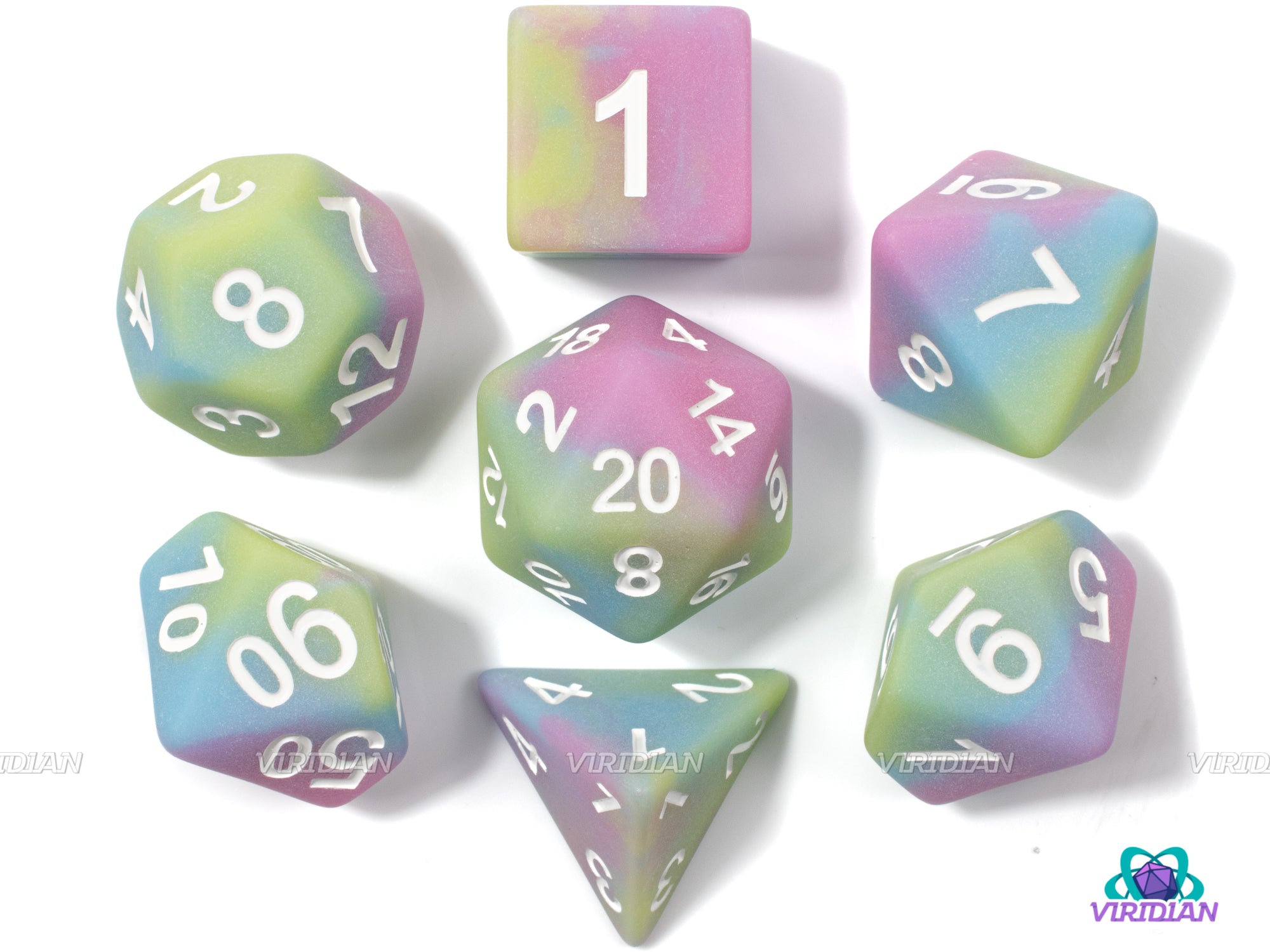 Melted Sherbet | Matte Pink, Yellow, Green and Blue Swirled | Acrylic Dice Set (7) | DnD