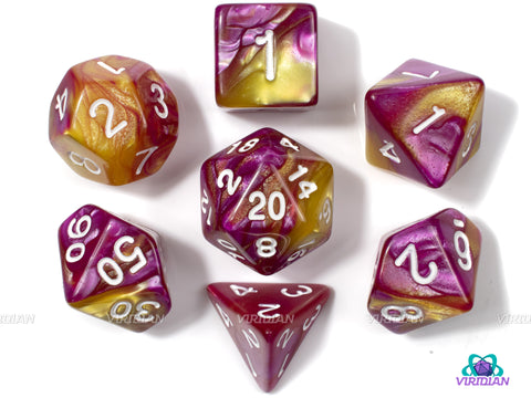 Beholder's Spoiled Hide | Red, Pink and Yellow Swirled Acrylic Dice Set