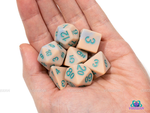 Buried Electrum | Matte Beachy-Pink, Light Blue and Teal Ink | Acrylic Dice Set (7) | DnD