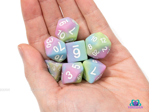 Melted Sherbet | Matte Pink, Yellow, Green and Blue Swirled | Acrylic Dice Set (7) | DnD