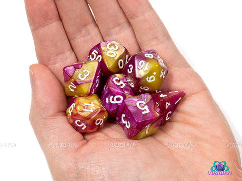 Beholder's Spoiled Hide | Red, Pink and Yellow Swirled Acrylic Dice Set