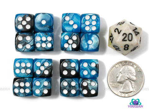 Deep Waters (Set of 16) 12mm D6s | Black & Blue Swirled | Pipped D6s | Wargaming