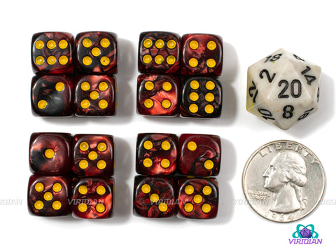 Volcanic Fire (Set of 16) 12mm D6s | Black & Red Swirled | Pipped D6s | Wargaming