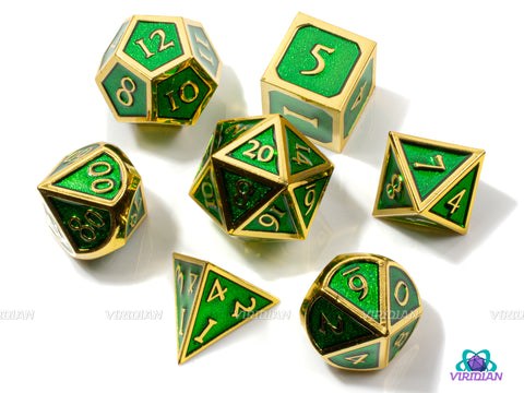 Ranger's Hood | Green & Gold Metal Dice Set (7) | Dungeons and Dragons (DnD) | Tabletop RPG Gaming