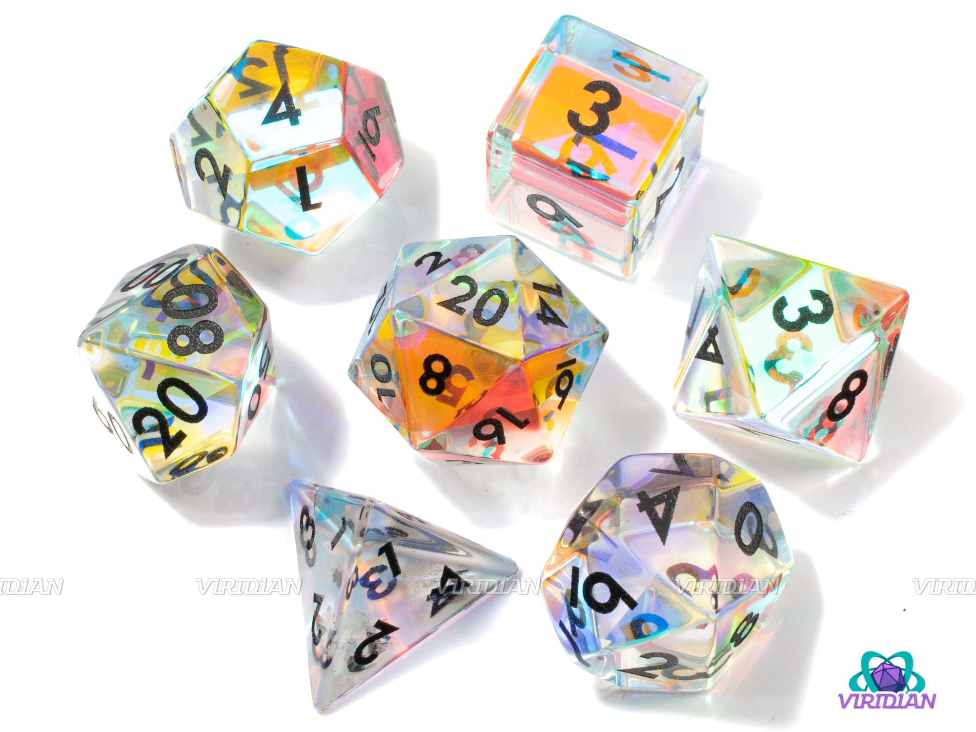 Rainbow Glass (Black) | Real Gemstone Dice Set (7) | Dungeons and Dragons (DnD)