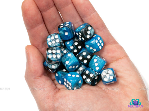 Deep Waters (Set of 16) 12mm D6s | Black & Blue Swirled | Pipped D6s | Wargaming