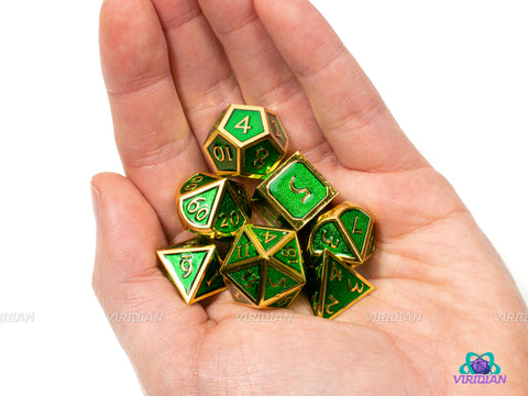 Ranger's Hood | Green & Gold Metal Dice Set (7) | Dungeons and Dragons (DnD) | Tabletop RPG Gaming