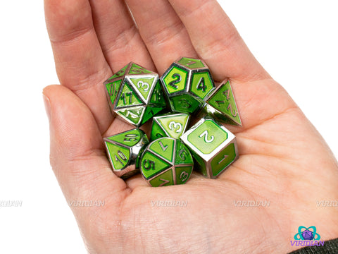 Robot Frog | Light Green & Silver Metal Dice Set (7) | Dungeons and Dragons (DnD) | Tabletop RPG Gaming