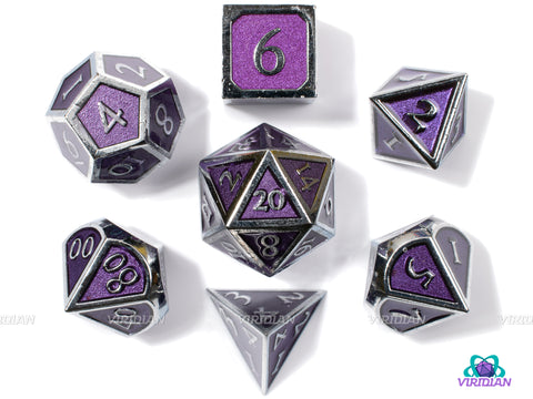 Purple & Silver | Enamel Metal Dice Set (7) | Dungeons and Dragons (DnD)