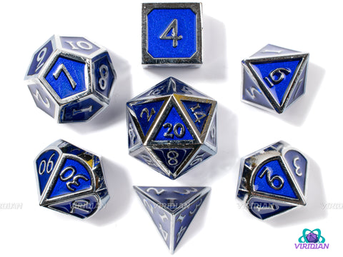 Sapphire Silver | Blue & Silver Metal Dice Set (7) | Dungeons and Dragons (DnD) | Tabletop RPG Gaming