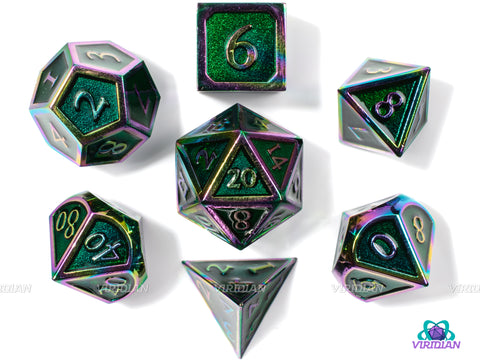 Rainbow Meadows | Green & Anodized Metal Dice Set (7) | Dungeons and Dragons (DnD)