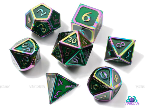 Rainbow Meadows | Green & Anodized Metal Dice Set (7) | Dungeons and Dragons (DnD)