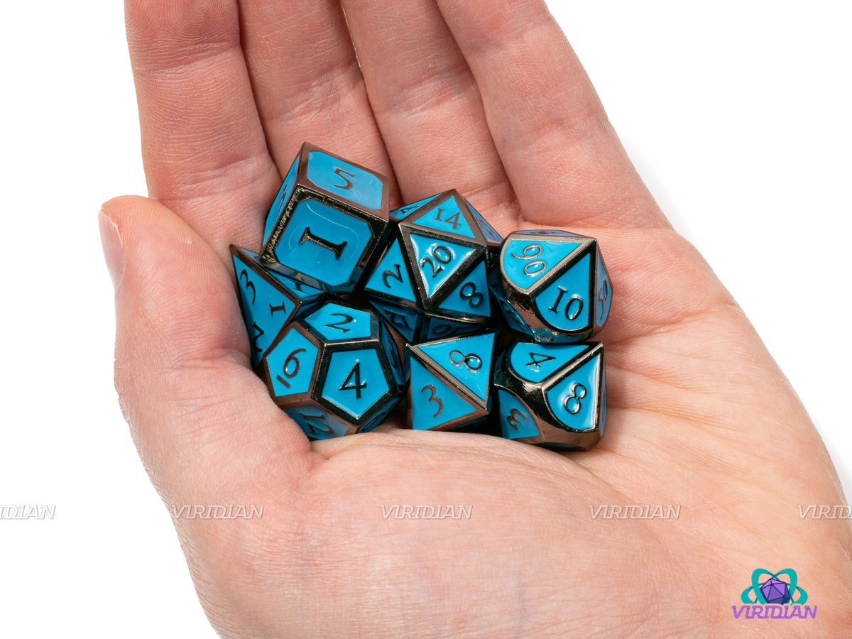 Light Blue & Dark Silver| Enamel Metal Dice Set (7) | Dungeons and Dra ...