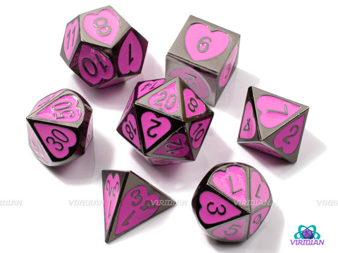 Cupid's Arrow | Pink & Black Heart Design Metal Dice Set (7) | Dungeons and Dragons (DnD) | Tabletop RPG Gaming